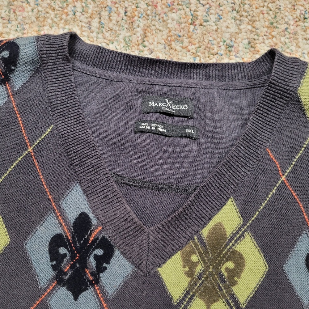 Marc Ecko Sweater Vest Mens 3XL Argyle Preppy Academia Pullover Cotton Cut & Sew - Picture 6 of 13